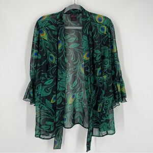 Torrid Women’s Tie Neck Button Front Long Princess Sleeve Tropical Sheer Blouse